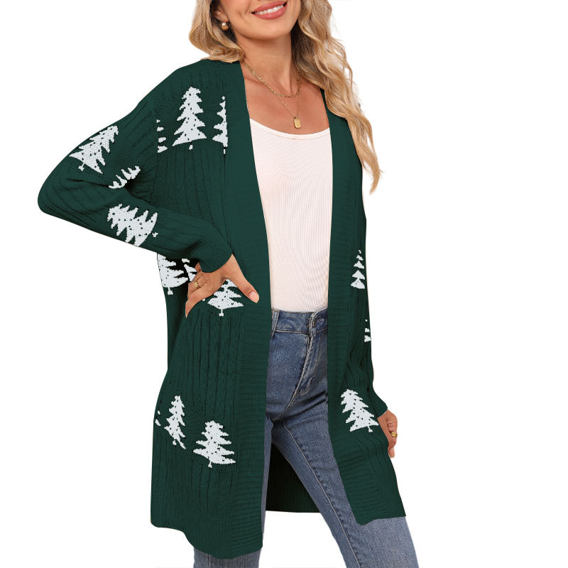 Womens Christmas Tree Pattern Long Cardigan Winter Open Front Knit Sweater